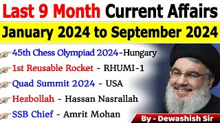 Last 9 Months Current Affairs 2024  January 2024 To September 2024  Important Current Affairs 2024 [upl. by Gerri]