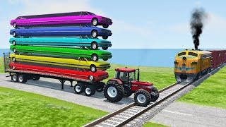 Double Flatbed Trailer Truck vs Speedbumps Train vs Cars  Tractor vs Train BeamngDrive 050 [upl. by Raamal]