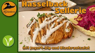 Hasselback Sellerie mit Jogurtdip und Blaukrautsalat  Vegetarisch [upl. by Yetta]