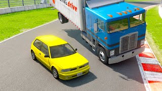 Double Flatbed Trailer Truck vs speed bumps Busses vs speed bumps Beamng Drive [upl. by Seidnac587]