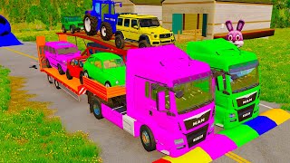 Double Flatbed Trailer Truck vs Speedbumps vs Train vs Cars  Tractor vs Train  BeamngDrive 010 [upl. by Esidnac]