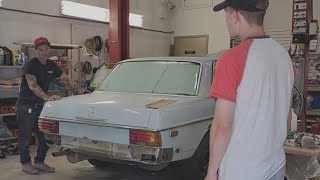 Checking out Aidyns progress on his 1975 Mercedes Benz 280  MAJOR rust repair [upl. by Ardnuassac]