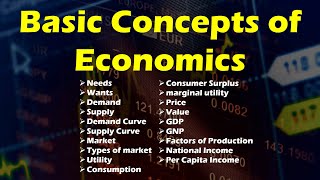 Basic Concepts of Economics  Needs Wants Demand Supply Market Utility Price Value GDP GNP [upl. by Milford126]