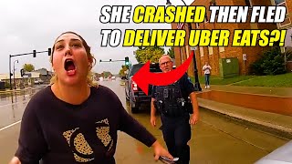 BODYCAM Crazy KAREN crashes car and flees the scene to deliver Uber Eats order [upl. by Humph]