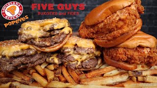 ASMR FIVE GUYS TRIPLE CHEESE BURGERS amp FRIES POPEYES SPICY CHICKEN SANDWICHES MUKBANG [upl. by Gittle]