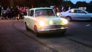 Ford Anglia 105E burnout leaving Wingspan [upl. by Aitekram]