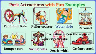 Lesson 164 Learn English with 32 Fun Park Attractions  Examples  Rides and Activities Described [upl. by Nihcas]