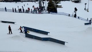 Skier and snowboarder ALMOST collide during rail jam competition  WooGlobe [upl. by Eltsyrhc894]