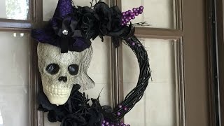 DOLLAR TREE DIY  Halloween Skull Wreath Tutorial  2016 [upl. by Kopaz]