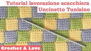 Tutorial uncinetto tunisino  lavorazione a scacchiera per copertine sub Eng y Esp [upl. by Madlin88]