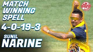 Sunil Narine Bowling  Bangla Tigers Mississauga vs Surrey Jaguars  M 10  Global T20 Canada 2024 [upl. by Raknahs186]