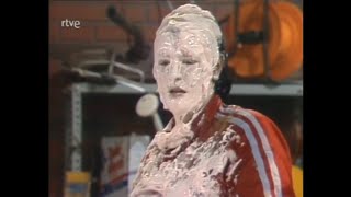 Two female contestants dunk their heads in giant pies on old Spanish show [upl. by Edmond]