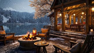 Winter Porch Ambience ❄️ Snowy Day with Smooth Jazz Music Snowfall and Crackling Fireplace to Relax [upl. by Ahsha]