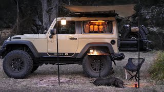 SOLO WINTER Camping  Organised Custom Jeep Cosy setup Relax in tent rain forest ASMR [upl. by Touber]