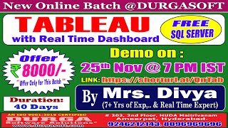 TABLEAU with Real Time Dashboard Online Training  DURGASOFT [upl. by Birdie]