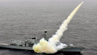 Royal Navy Type 23 Frigate HMS Montrose F236 Fires Harpoon AntiShip Missiles [upl. by Eisdnil747]