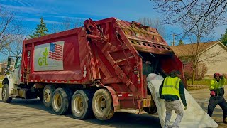 Red GFL Tag Axle Heil PowerTrak Rear Loader Garbage Truck Packing a Mattress [upl. by Giacomo]