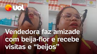 Mulher faz amizade com beijaflor recebe visitas do pássaro no trabalho e vídeos viralizam veja [upl. by Giuseppe]