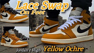 Laces Swap  Jordan 1 Yellow Ochre  On Feet [upl. by Zipnick]