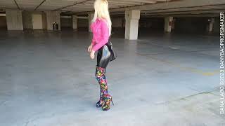 DANA LABO 4k  blonde girl multicolor boots overknee high heels shiny leggings leather jacket [upl. by Trautman]