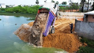 OMG 5ton truck accident almost overturned while unloading dirt help back by KOMATSU D31P dozer [upl. by Yehs]