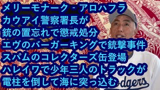 ハワイニュース 04062024：メリーモナーク、カウアイ警察署長が銃の置忘れ懲戒処分、エヴァのバーガーキング銃撃事件、スパムのコレクターズ缶登場、ハレイワで少年三人のトラック電柱倒し海に突っ込む [upl. by Ennylcaj]