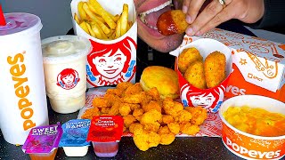 WENDYS VS POPEYES CHICKEN NUGGETS MAC N CHEESE FROSTY SEAFOOD FRIES NO TALKING EATING SOUNDS [upl. by Lemuel679]