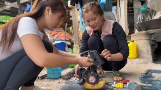 girl repairing old broken lawn mower [upl. by Verdi]