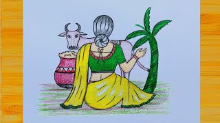 Sankranti special Pongal kolam pot with traditonal girl  pencil drawing  sankranti Rangoli [upl. by Namsu311]