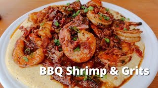 BBQ Shrimp and Grits Recipe  Grilled Shrimp and Cheese Grits on the Big Green Egg [upl. by Arlon]