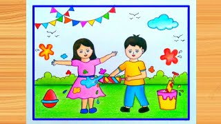 Holi Special Drawing Easy Steps  Holi Festival Poster Drawing Easy Steps  Happy Holi Drawing Easy [upl. by Eppesiug431]