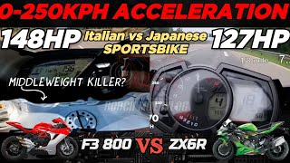 MV Agusta F3 800 🆚️ Kawasaki ZX6R  0250kph Acceleration  Top Speed Attempt 🔥 [upl. by Kcirdnek]