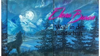 Einfache Landschaft unter Nordlichtern mit Wolf mit Acryl  winterliche Landschaft in der Nacht [upl. by Siramay]