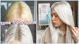 HOW TO TONE PLATINUM BLONDE HAIR AT HOME  Wella T14  bye yellowbrassy tones [upl. by Abibah]