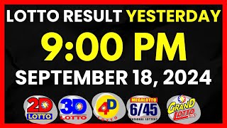 Lotto Result Yesterday PCSO 9PM Draw September 18 2024  PCSO Lotto 2D 3D Swertres 4D 645 655 [upl. by Aenaj]