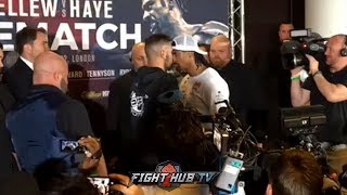 THEY ALMOST BRAWL TONY BELLEW PUSHES DAVID HAYE AT FACE OFF AT FINAL PRESS CONFERENCE [upl. by Feenah845]