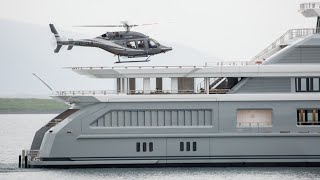 Helicopter landing on to a private yacht  Helipad  Chopper  Yacht  Luxury  Rare scenes [upl. by Norraa]