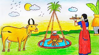 Pongal Festival DrawingHow To Draw Pongal Cow And Pot For BeginnersSankranti Drawing step by step [upl. by Hillari]