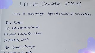 UBI LBO Letter 💌 Writing 2024  150 words  How to prepare a letter in Descriptive IBPS PO 📬 [upl. by Eiznekcam142]