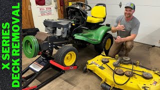 John Deere x320 Riding Mower Deck Removal [upl. by Aratihc]