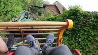 Gsengte Sau bobsled coaster at Tripsdrill in Germany Intertwined with building and logflume POV [upl. by Cicely78]