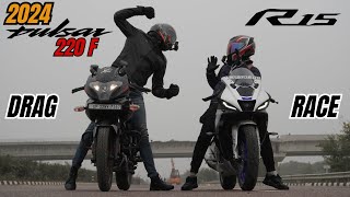 2024 Pulsar 220F vs Yamaha R15m Drag Race [upl. by Talyah]