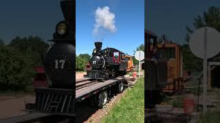 Driving our 2ft gauge steam locomotive up and on to our step deck trailer railroad trucks train [upl. by Yawnoc]