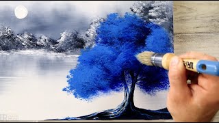 Blue Tree  Black and White Landscape  Easy Painting for Beginners  Abstract  Acrylics [upl. by Ardie]