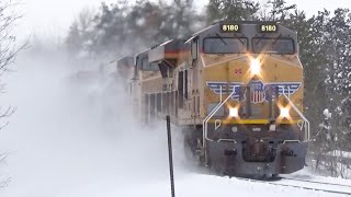 Four Trains going through DEEP SNOW on the Hinckley Subdivision Ft CN Duo [upl. by Georgetta]