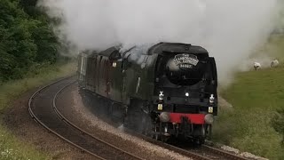 SR 34067 Tangmere with some Riviera bluegrey coaches on the Scarborough Spa Express 270624 [upl. by Elurd]