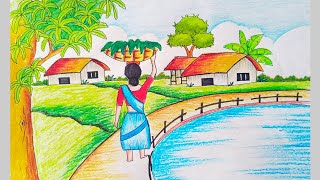 How to Draw A Village Scenery Step by Step Easy  Beautiful Landscape Drawing [upl. by Michele]