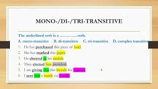 MONOTRANSITIVE  DITRANSITIVE  TRITRANSITIVE  COMPLEX TRANSITIVE [upl. by Olinad]