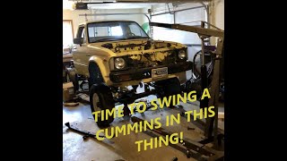 Toyota Cummins Swap Part 4 Time To Swing The Cummins Into The Toyota [upl. by Naillimxam]