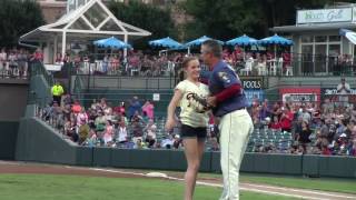 Madison Kocian throws out the 1st pitch at Frisco Roughriders game 9416 [upl. by Tanaka]